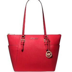 Michael Kors $448 RED Charlotte Saffiano Leather Large Zip Top Tote Bag NWT